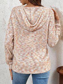 SHEIN LUNE 女款鈕扣半開襟連帽華夫格針織運動衫，四季款長袖上衣，畢業季適用 - 彩色 - 查看 2