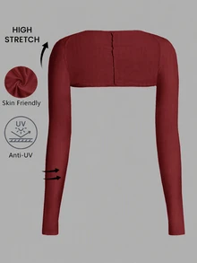 SHEIN EZwear Plus Size Women Simple Versatile Cropped Long Sleeve Top Fall - Burgundy - View 3