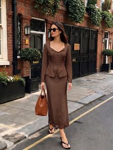 Cévolie French Romantic Lace Square Neck Pearl Button Cinched Waist Ruffle Blouse & Long Skirt 2 Pieces Set, Gentle Cream Vintage Outfit - Brown - View 7