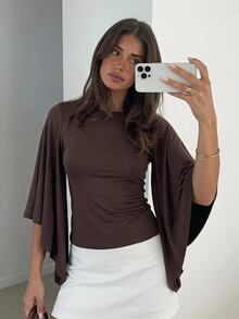 Siren Gaze Women's Solid Color Elegant Round Neck Draped Bell Sleeve Blouse - Brown - View 7