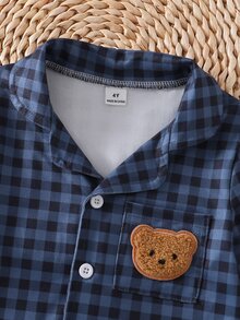 2件組男童幼兒居家服套裝，兒童藍黑格紋睡衣套裝，男童翻領熊刺繡休閒服長袖2件套 - 寶藍色 - 查看 6
