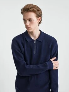 Marvello Homme 男士藍色秋季休閒基礎款商務休閒辦公室純色極簡拉鍊開襟長袖羊絨針織波羅領毛衣 - 彩色 - 查看 4