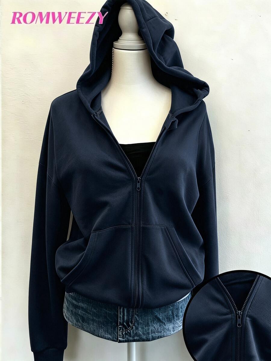 SHEIN 秋冬女款連帽拉鍊外套-街頭風休閒基本款,保暖針織面料,微寬鬆版型,校園街頭風,度假海軍藍 - 藏蓝色 - 查看 1