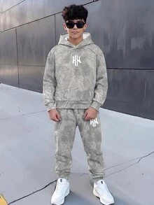 青少年男孩休閒極簡長袖連帽衛衣舒適運動衫2件套，適合秋冬，經典酷感刮痕圖案印花，時尚街頭風乾枯樹枝與落葉圖案印花，經典酷感Logo圖案印花，適合Y2K - 彩色 - 查看 1