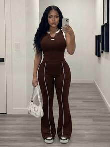 Slaydiva 2026 Spring/Summer New Arrival Casual Basic Versatile Slim Fit Solid Blue Color-Blocked Label Vest + - Rust Brown - View 5