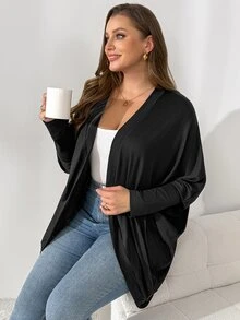 Shapeblank Women's Plus-Size Black Long-Sleeve Cardigan – Stylish, Casual, Stretchy, And Comfortable (Fall/Winter),Fall Outfits,Coats,Simple Style,Going Out Tops - Black - View 1
