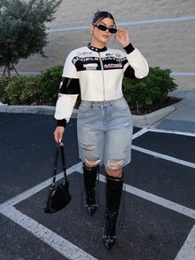 SHEIN SXY 女款休閒街頭風字母圖案拼色短款PU皮革夾克，機車/賽車/飛行員夾克，多功能外套賽車夾克女款賽車夾克女款紅黑賽車夾克女款機車夾克女款賽車夾克；皮革賽車夾克春秋PU夾克四季穿著 - 黑與白 - 查看 4