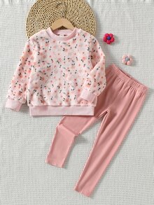 Young Girls Floral Hoodie & Sweatshirt Co-Ords, Autumn, Fall Tops Round Neck Long Sleeve Fuzzy Top Paired With Solid Color Pants - Pink - View 9