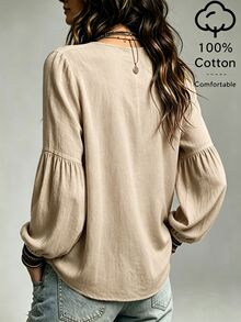 SHEIN Cream White Washed Textured Fabric Deep V-Neck Double-Sided Multi-Pleated Shoulder Micro-Petal Sleeve Patchwork Ruched Loose Lantern Mid-Sleeve A-Line Flared Blouse - Khaki - View 2