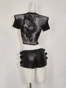 SHEIN ICON Y2K 女款萬聖節網紗露背短版上衣 透視黑色街頭風哥德性感龍圖案休閒日常短袖T恤 - 黑色 - 查看 4