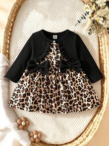 SHEIN Playful Pals 女童豹紋荷葉邊蝴蝶結前襟長袖兩件套，2合1羅紋針織可愛秋季套裝 - 彩色 - 查看 3