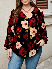 EMERY ROSE بلوزة نسائية مقاس كبير بياقة على شكل حرف V وطبعة زهور للارتداء اليومي العادي - متعدد الألوان - مشاهدة 3