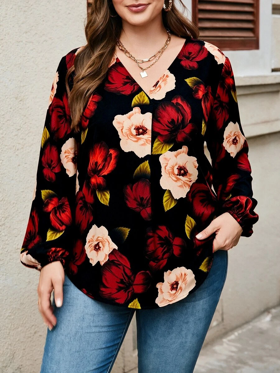 EMERY ROSE Plus Size Colorblock Button Front V Neck Long Sleeve Blouse Fall Winter 2026 - Multicolor - View 1