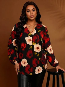 EMERY ROSE بلوزة نسائية مقاس كبير بياقة على شكل حرف V وطبعة زهور للارتداء اليومي العادي - متعدد الألوان - مشاهدة 4