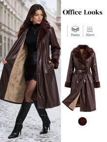 SHEIN Clasi 女款純色PU皮革時尚百搭日常休閒風衣外套 80年代風格冬季女裝外套 - 酒紅色 - 查看 2