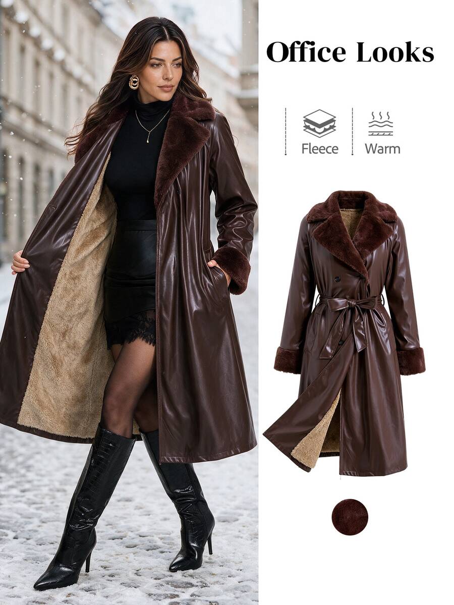 SHEIN Clasi 女款純色PU皮革時尚百搭日常休閒風衣外套 80年代風格冬季女裝外套