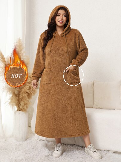 Comfylo Plus Size Women's Dress, Autumn/Winter Double-Sided Fleece Long Sleeve Long Length Hooded With Pockets, Casual Daily Wear