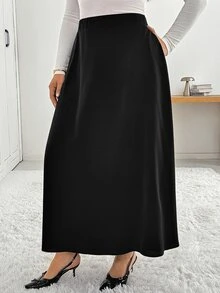 Shapeblank Women's Plus-Size Black Skirt – Elegant, Comfortable, Versatile, Slimming, With Pockets (Suitable For Spring & Autumn),Bottom,Work Wear, Skirt Outfits - Black - View 7