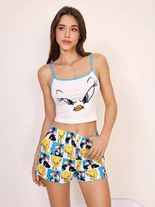 LOONEY TUNES X SHEIN 女款卡通圖案細肩帶背心上衣與短褲休閒居家睡衣套裝 - 白色 - 查看 3