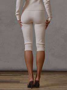 MUSERA Cream Knit Button Detail Capri Pants Fall Winter Everyday Causal Going Out Cool Girl Festival Forces - Beige - View 5