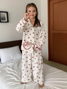 DAZY Girls (Large) Lapel Long Sleeve Cherry Pattern Top + Straight Leg Pants Casual 2 Pieces Set - White - View 6