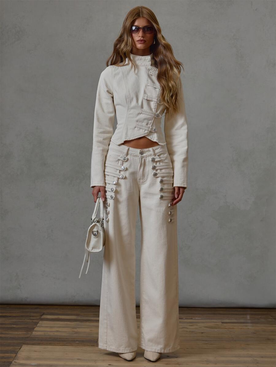 MUSERA Cream Denim Asymetrical Military Jacket Fall Winter Everyday Causal Back To School Forces - Apricot - View 1