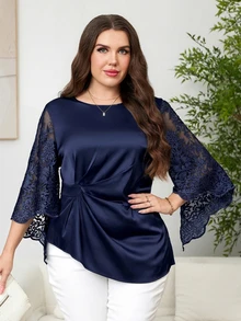 Reflora Plus Size Vintage Fashion Lace Pleated Blouse For Office - Navy Blue - View 3
