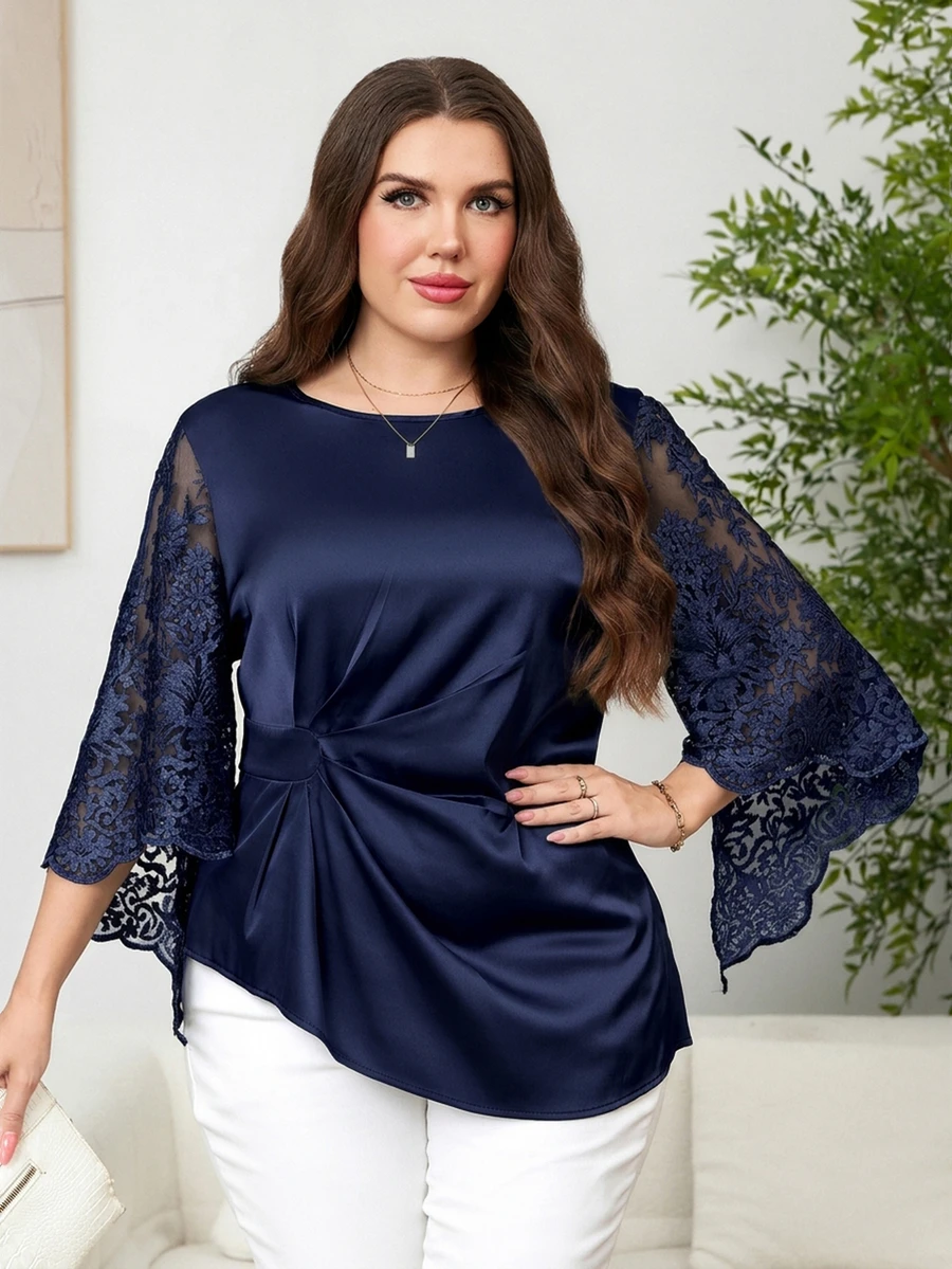 Reflora Plus Size Vintage Fashion Lace Pleated Blouse For Office Fall - Navy Blue - View 1