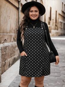 SHEIN LUNE Plus Size Casual Mini Dress With Wide Straps, Button Decor And Pockets, - Black and White - View 3