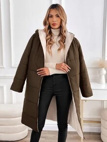 SHEIN Clasi 女款拉鍊連帽泰迪毛內裡絎縫外套 秋冬款 - 咖啡棕 - 查看 12
