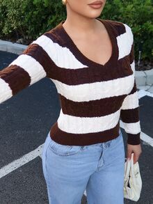 SHEIN SXY Women's V-Neck Long Sleeve Contrast Color Striped Casual Sweater - Multicolor - View 1