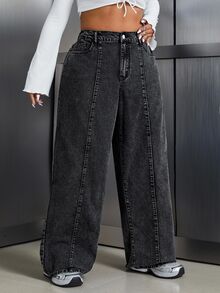 SHEIN Tall CURVE 大尺碼女款鈕扣高腰寬鬆休閒牛仔褲，適合秋冬穿著 - 黑色 - 查看 4