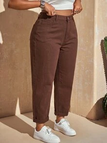 Slaydiva Plus Size Women Solid Color Fashion Casual Versatile Jeans - Coffee Brown - View 3