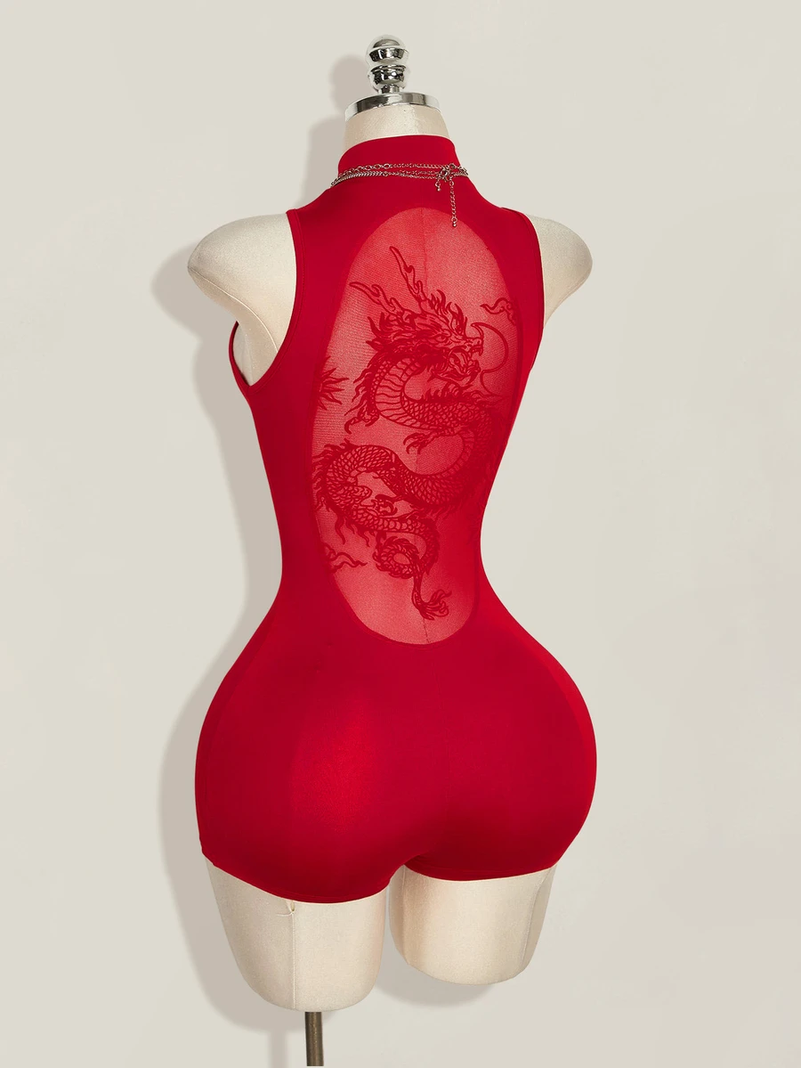 SHEIN ICON 女款後背拼接中國龍網紗背心連身褲 - 紅色 - 查看 1