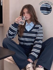 SHEIN Teen Girls Navy Blue Preppy Style 2 Pieces Set, 2 In 1 Striped Fuzzy Sweatshirt With Wide Leg Sweatpants, Winter - Navy Blue - View 3