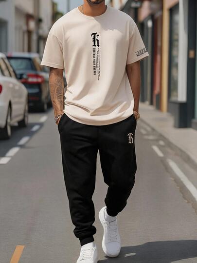 Sorvial Plus Size Men's Fashion Casual Standard Fit Knit Khaki Short Sleeve Black Pants Set, Minimalist Letter Print