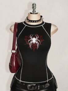 SHEIN ICON Plus Size Women Spider Pattern Sleeveless Round Neck Fashion Tank Top - Black - View 1
