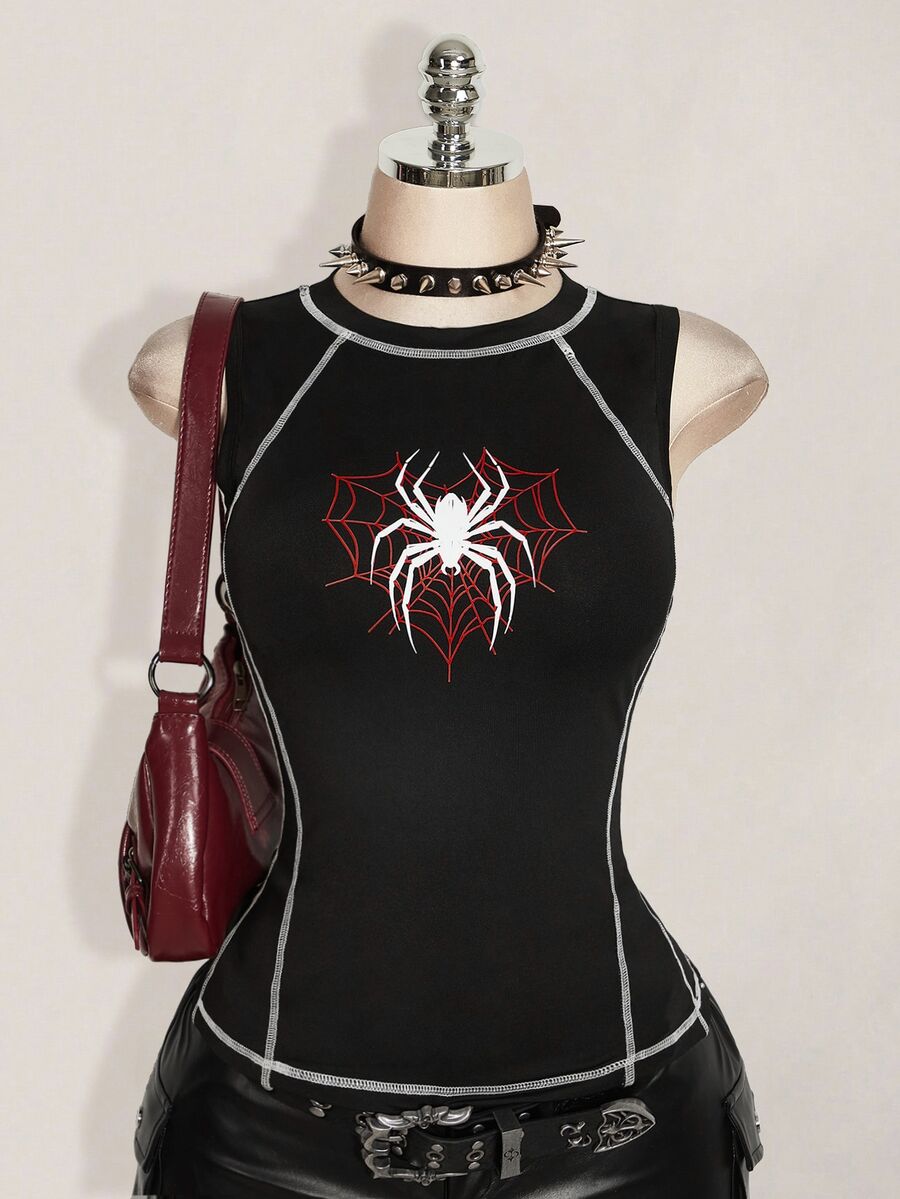 SHEIN ICON Plus Size Women Spider Pattern Sleeveless Round Neck Fashion Tank Top - Black - View 1
