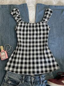 IslaSuriya Sleeveless Square Neck Plaid Pleated Tank Top - Multicolor - View 2