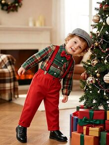 SHEIN 4-7 Years Old Boys Christmas Suspenders Set Plaid & Striped Pattern, Suitable For Birthday Party - Red - View 2