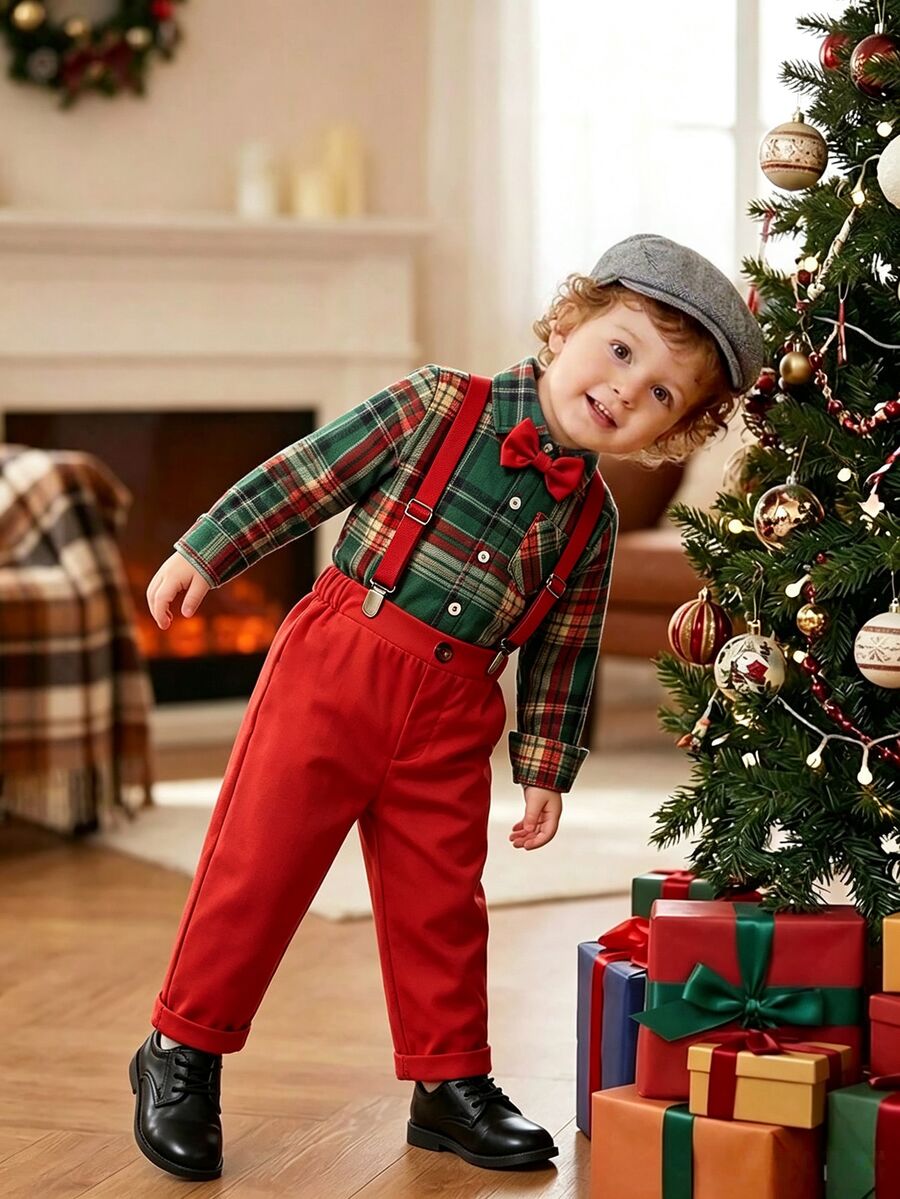 SHEIN 4-7 Years Old Boys Christmas Suspenders Set Plaid & Striped Pattern, Suitable For Birthday Party
