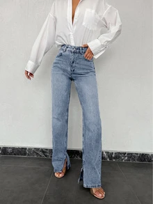 SHEIN بنطلون جينز مستقيم بخصر عالي من قماش دافئ، أزرق فاتح مغسول، بقصة عادية، وأزرار أمامية مع تفاصيل شق، بأسلوب كاجوال - أزرق فاتح - مشاهدة 3