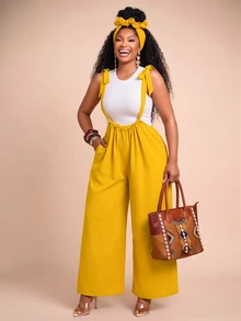 Brilight Women Wide Leg Jumpsuit, Bowknot Spaghetti Strap Backless Ruched Satin Romper, Vacation Outfit For Holiday Garden Party Mustard Yellow Summer - Mustard Yellow - View 6