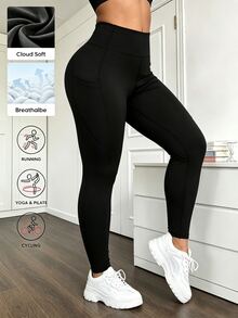 SHEIN Sweetro Women's Plus Size Solid Color High Waist Casual Daily Wear Sports Tight Leggings - Black - View 5