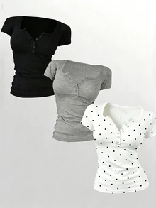 Lalippa 女款 T-shirt 3件組，修身版型，休閒極簡風，適合日常休閒穿著，女款短袖上衣，夏季女款上衣，最新款女款上衣，基礎極簡 T-shirt - 彩色 - 查看 1