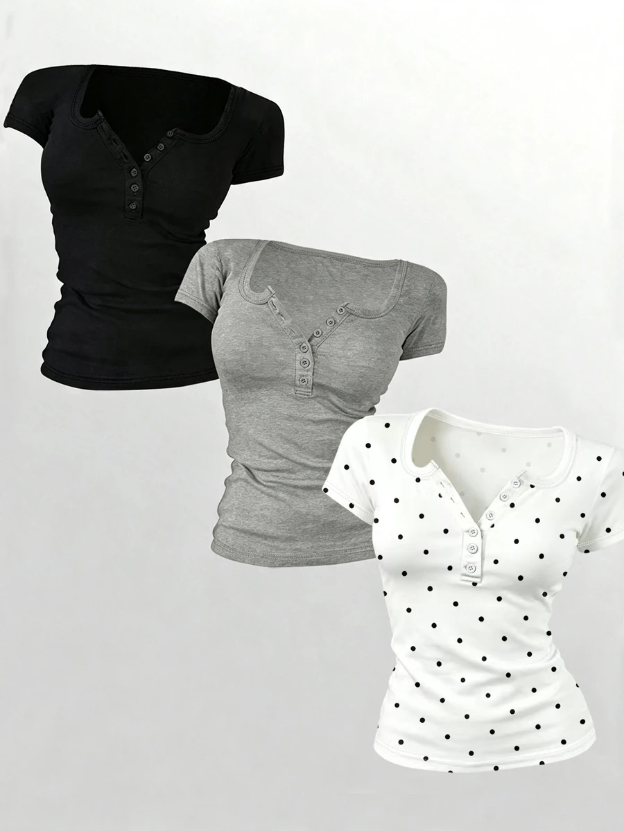 Lalippa 女款 T-shirt 3件組，修身版型，休閒極簡風，適合日常休閒穿著，女款短袖上衣，夏季女款上衣，最新款女款上衣，基礎極簡 T-shirt - 彩色 - 查看 1