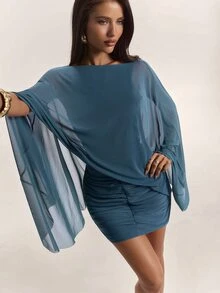 SHEIN BAE Fall Winter Teal Blue Boat Neck Sheer Flare Sleeve Ruched Bodycon Mini Dress Short Dresses Thanksgiving Day Of The Dead Party - Green - View 8