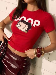 Betty Boop x SHEIN 女款卡通圖案休閒日常短袖T恤 - 紅色 - 查看 8