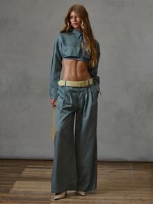 MUSERA Pinstriped Cropped Bandeau Top With Collared Cropped Shirt Fall Winter Everyday Causal Back To School Forces - Army Green - View 2