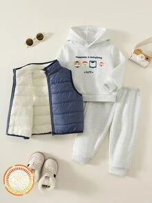 SHEIN 3件組男嬰秋冬圓領長袖套頭衛衣、無袖背心、鬆緊腰長褲套裝，可愛嬰幼兒外穿套裝 - 彩色 - 查看 1